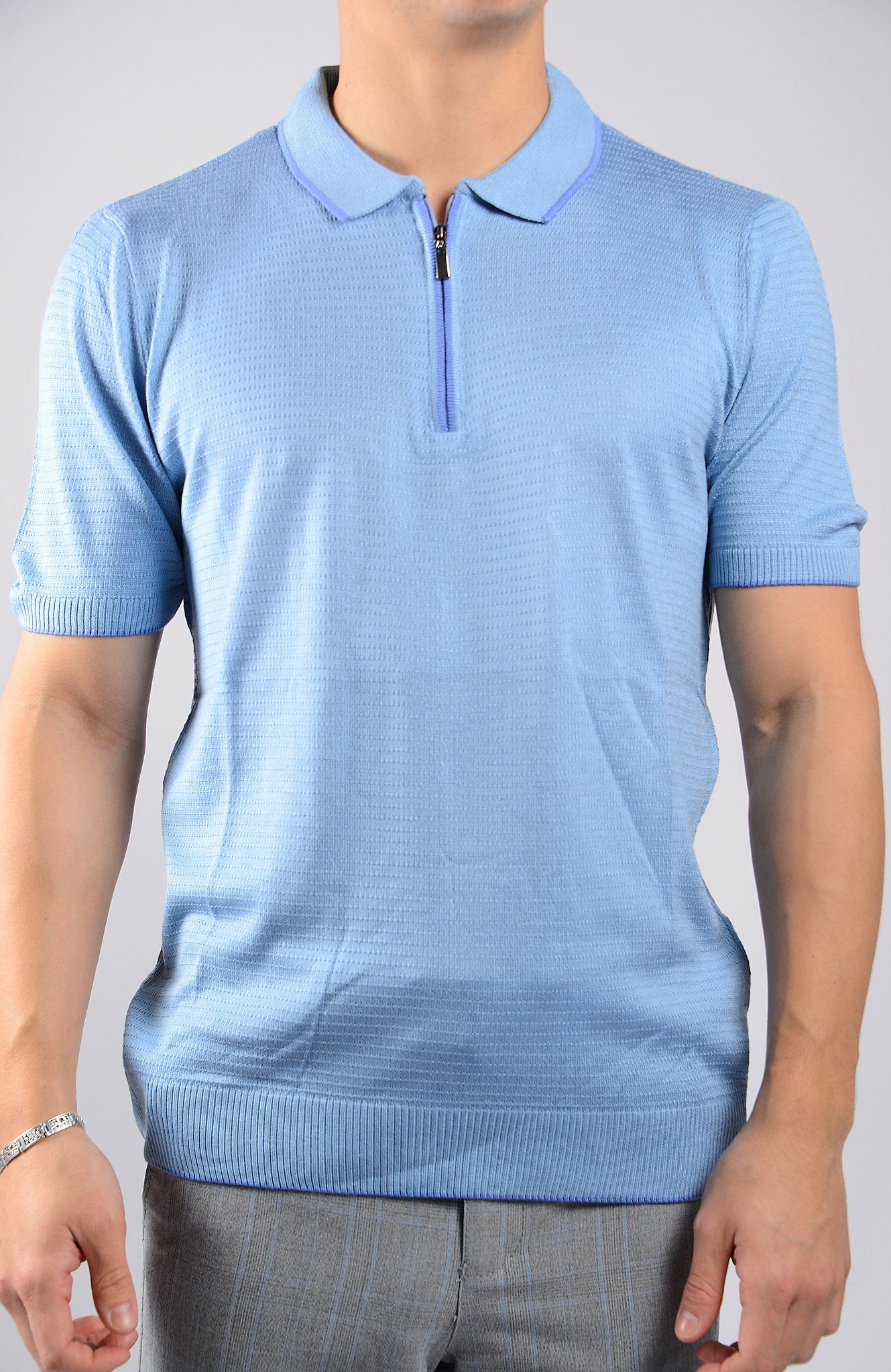 TIPPED COLLAR KNIT ZIP POLO