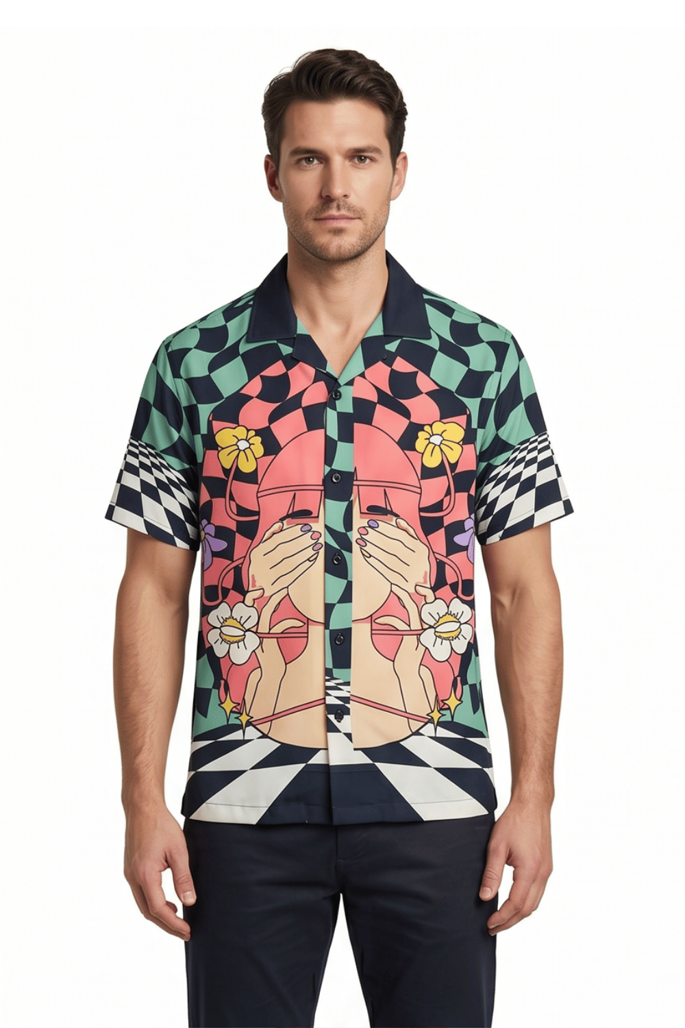 [48021-31] SS PRINTED SATIN SHIRT