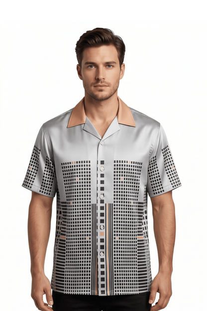 Front view of men's resort collar short sleeve button-up shirt