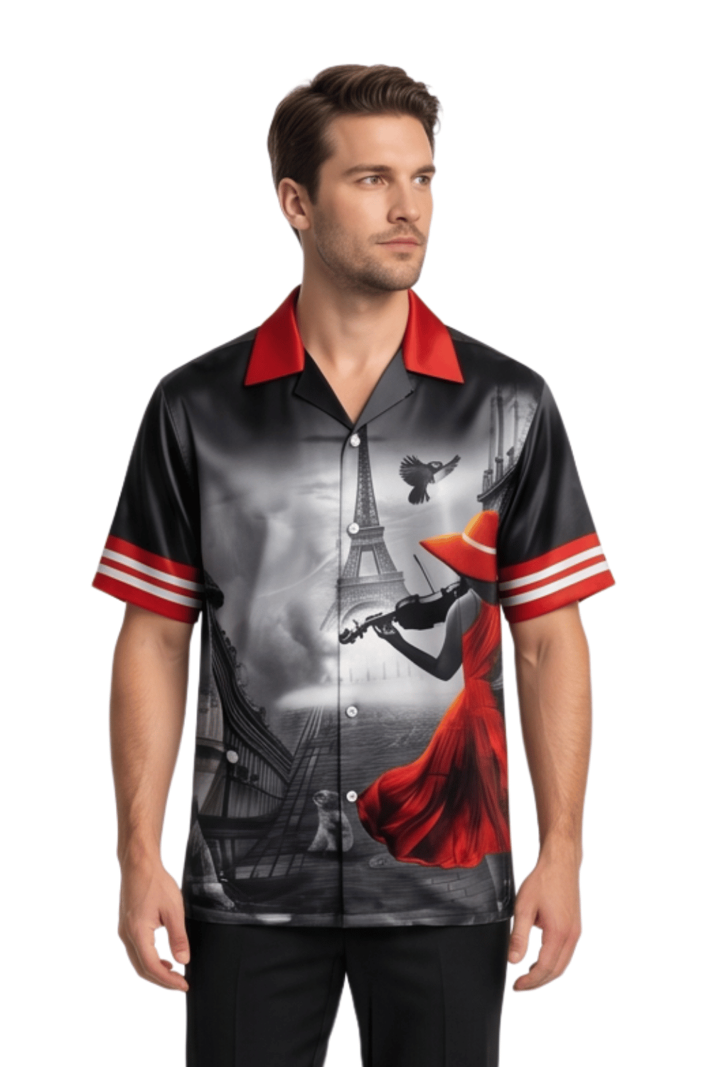Man wearing a shirt with a Paris-themed design featuring the Eiffel Tower and a woman in a red dress.