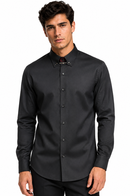 [41751-SIYAH] PIN COLLAR SATIN SHIRT