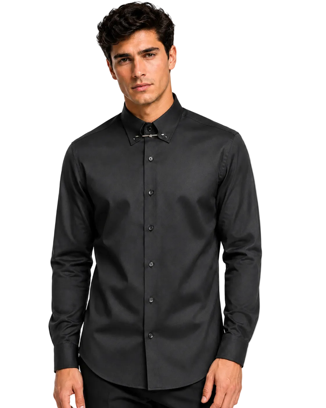 [41751-SIYAH] PIN COLLAR SATIN SHIRT