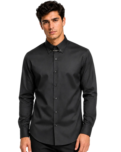 [41751-SIYAH] PIN COLLAR SATIN SHIRT