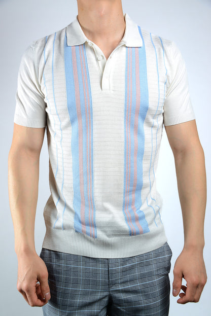 Textured Vertical Stripe Zip Knit Polo