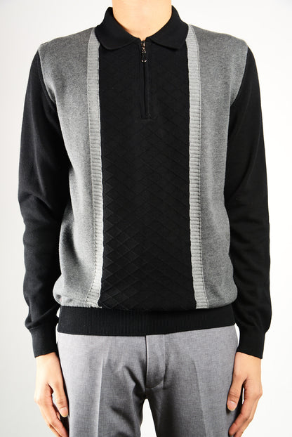DT 1/4 Zip Textured Diamond Stitch Front Polo Ls