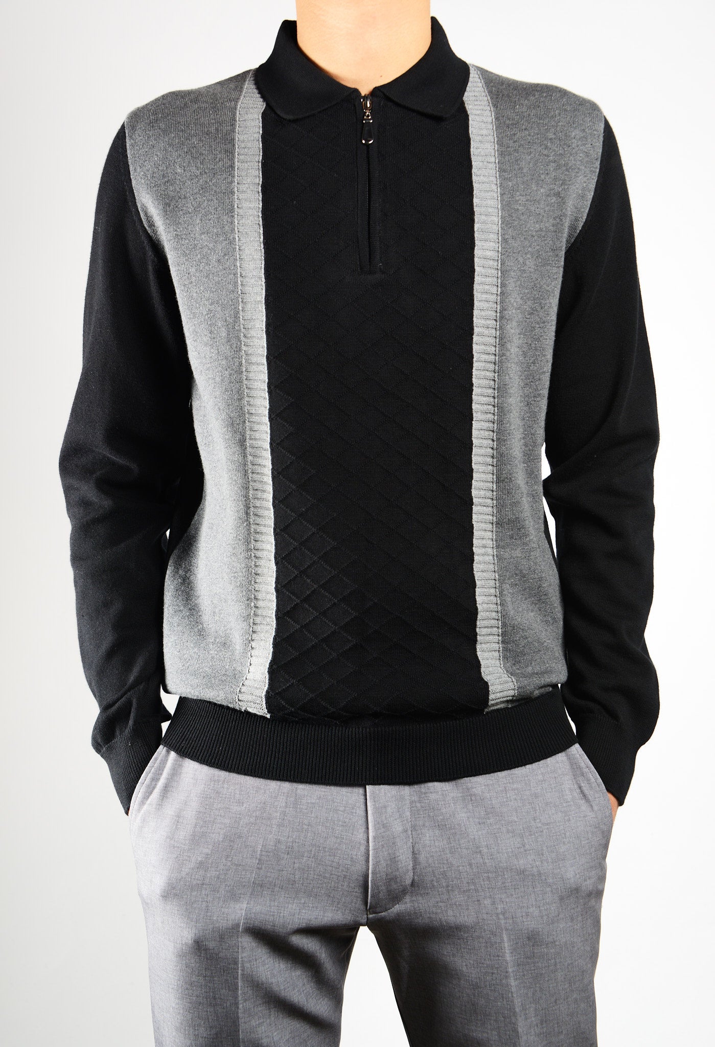 DT 1/4 Zip Textured Diamond Stitch Front Polo Ls