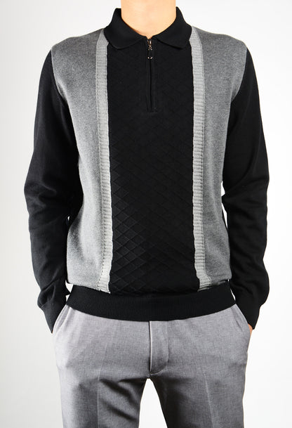 DT 1/4 Zip Textured Diamond Stitch Front Polo Ls