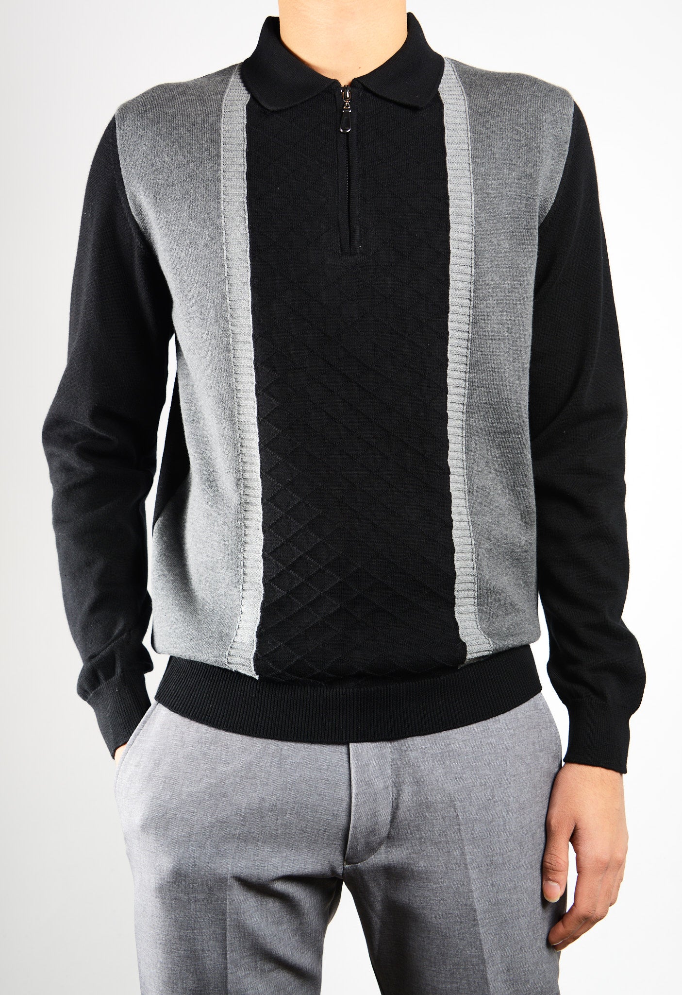DT 1/4 Zip Textured Diamond Stitch Front Polo Ls