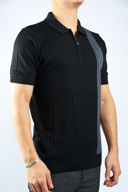 VERTICAL STRIPE KNIT ZIP POLO