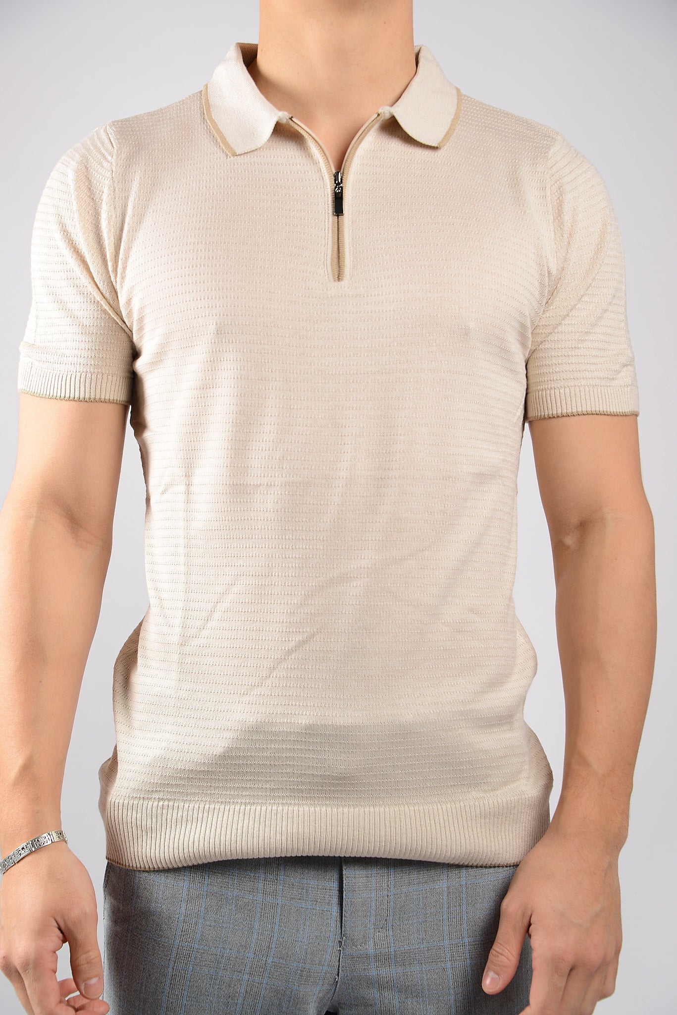 TIPPED COLLAR KNIT ZIP POLO